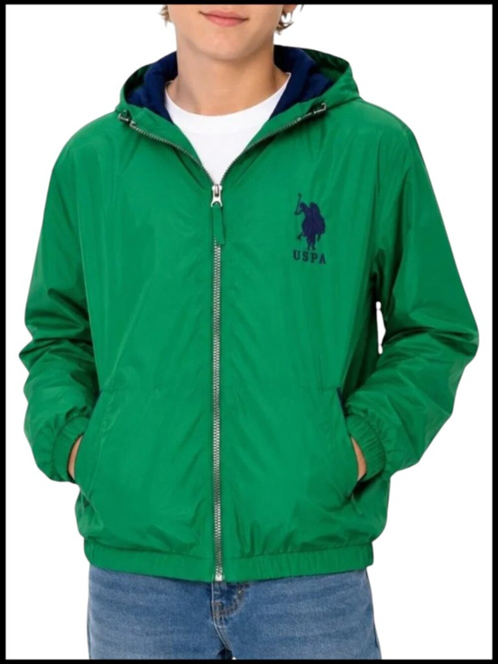 U.S. Polo Assn. Boys Windbreaker Jacket Green Navy Hooded Zip Up M